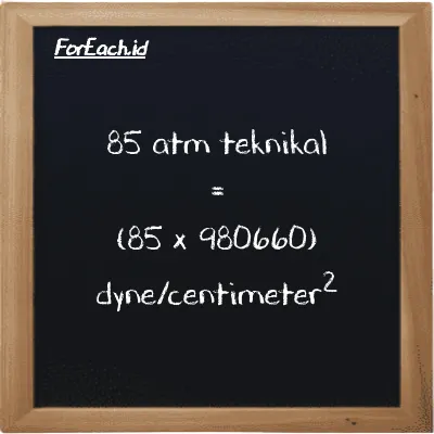 Cara konversi atm teknikal ke dyne/centimeter<sup>2</sup> (at ke dyn/cm<sup>2</sup>): 85 atm teknikal (at) setara dengan 85 dikalikan dengan 980660 dyne/centimeter<sup>2</sup> (dyn/cm<sup>2</sup>)